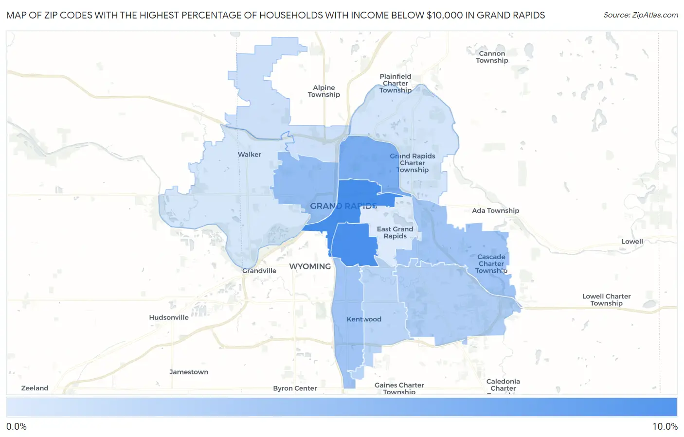 Zip Codes with the Highest Percentage of Households with Income Below $10,000 in Grand Rapids Map