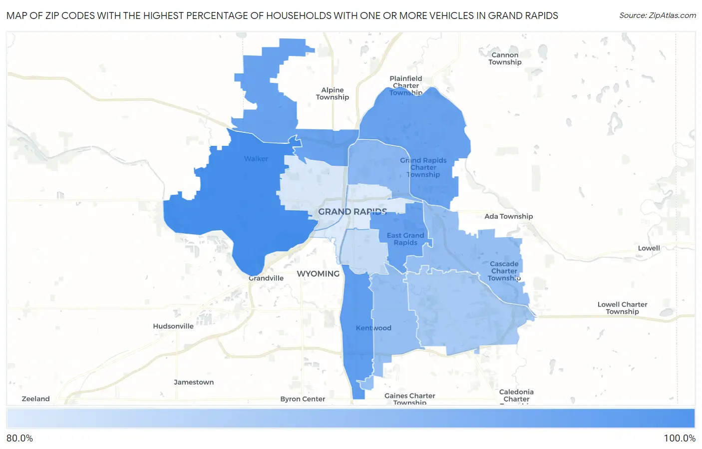 Zip Codes with the Highest Percentage of Households With One or more Vehicles in Grand Rapids Map