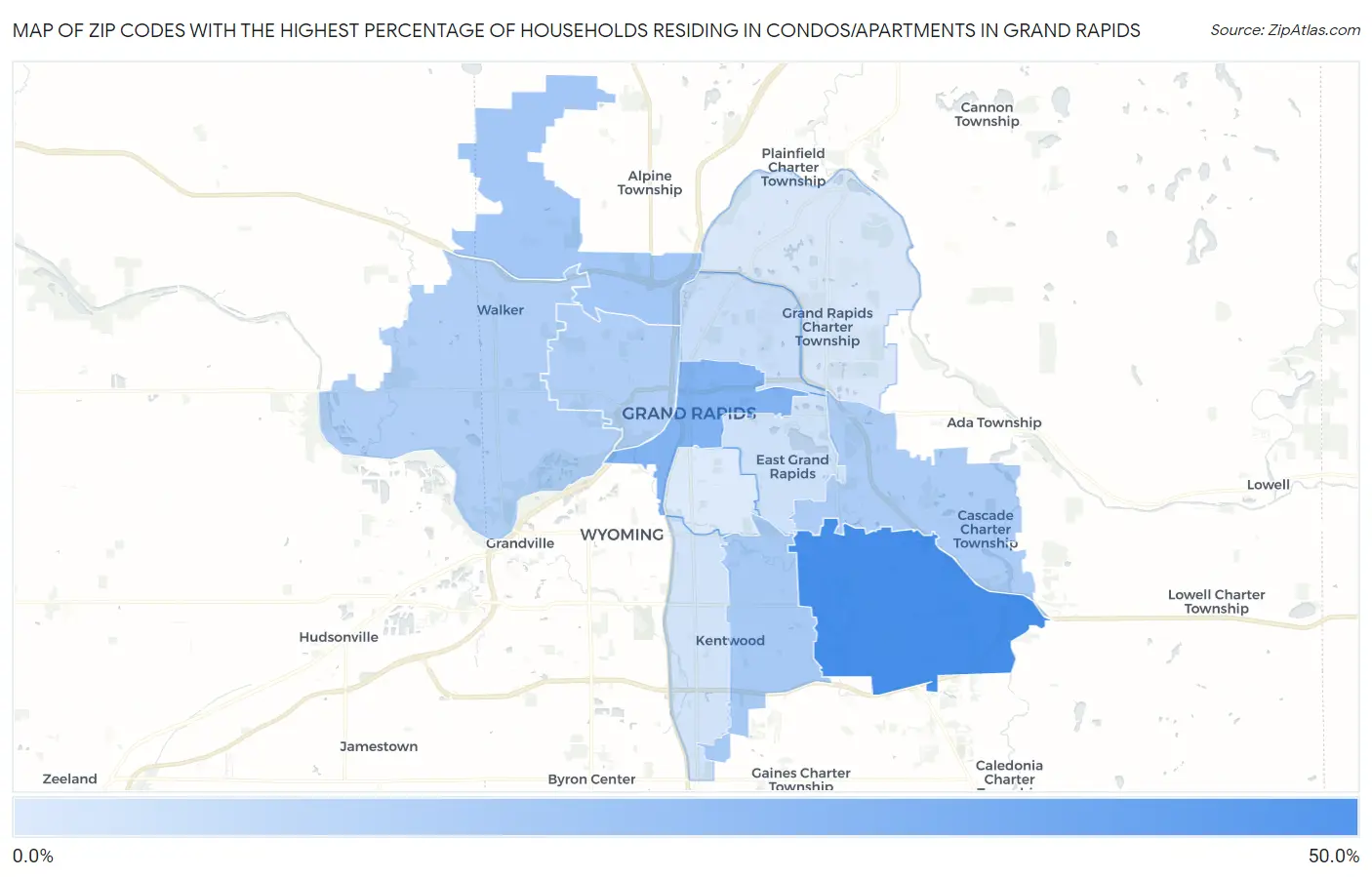 Zip Codes with the Highest Percentage of Households Residing in Condos/Apartments in Grand Rapids Map