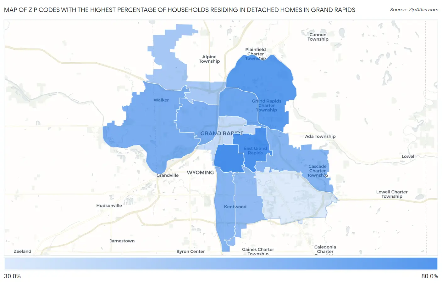 Zip Codes with the Highest Percentage of Households Residing in Detached Homes in Grand Rapids Map