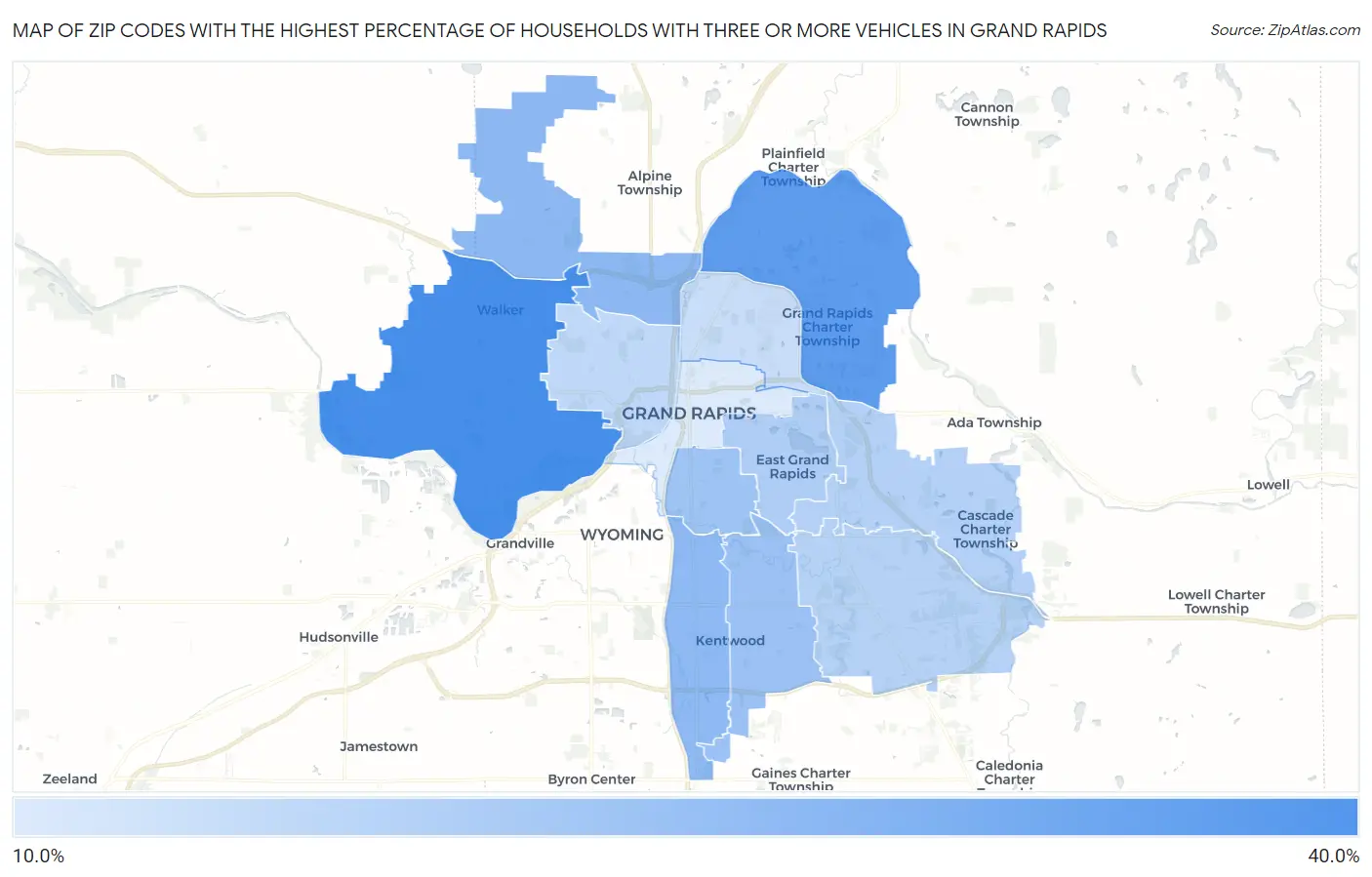 Zip Codes with the Highest Percentage of Households With Three or more Vehicles in Grand Rapids Map