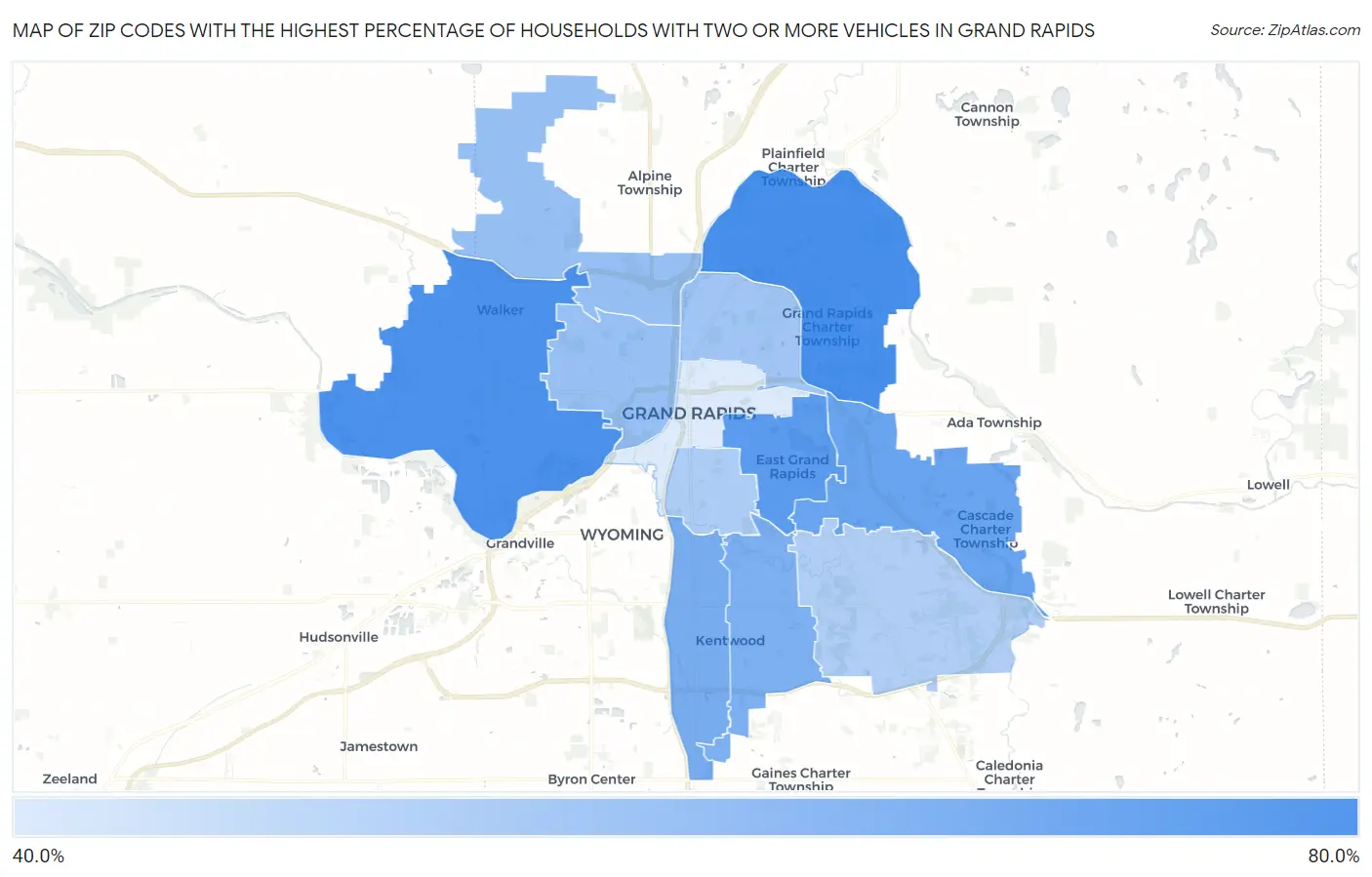 Zip Codes with the Highest Percentage of Households With Two or more Vehicles in Grand Rapids Map