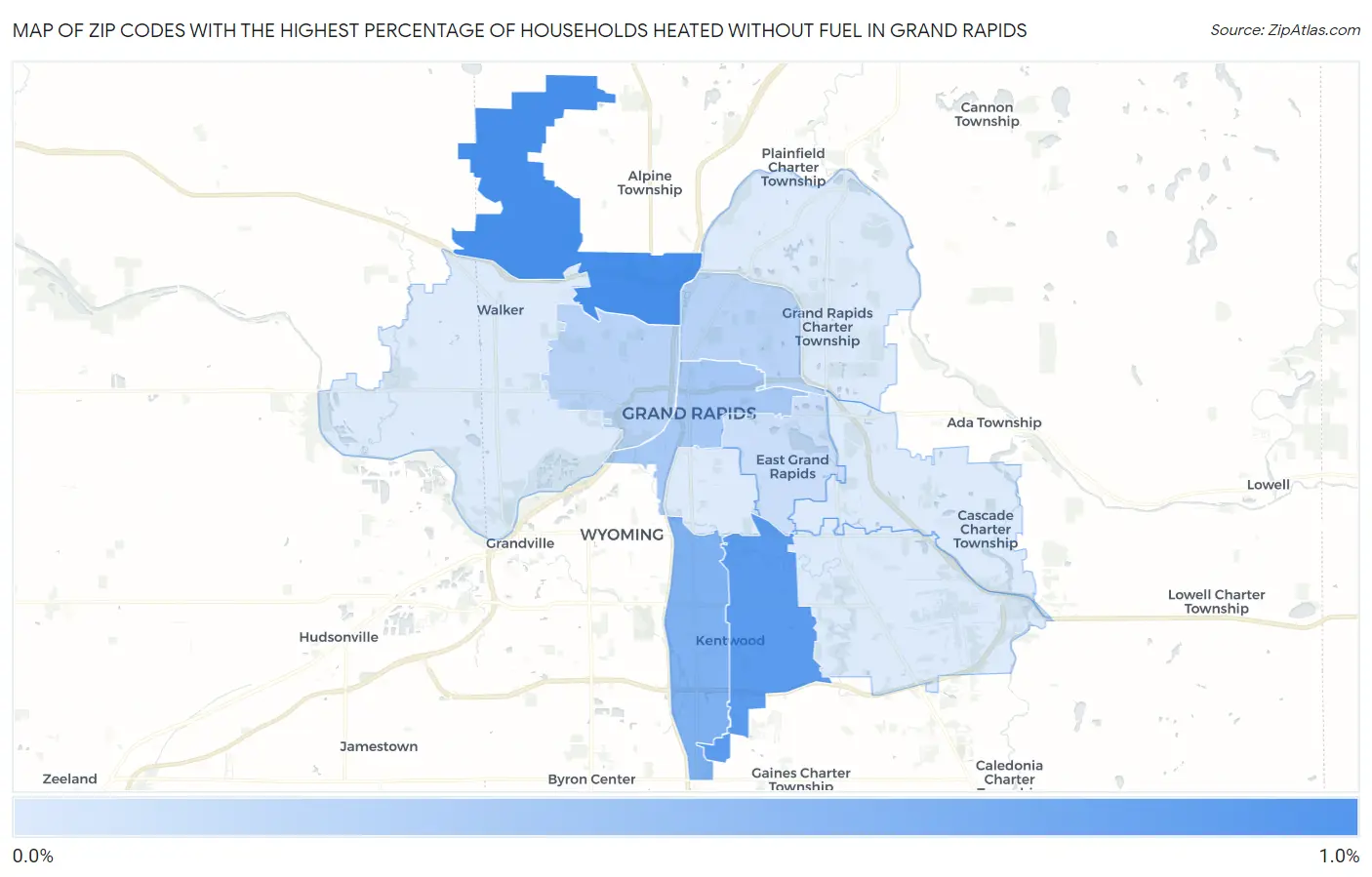 Zip Codes with the Highest Percentage of Households Heated without Fuel in Grand Rapids Map