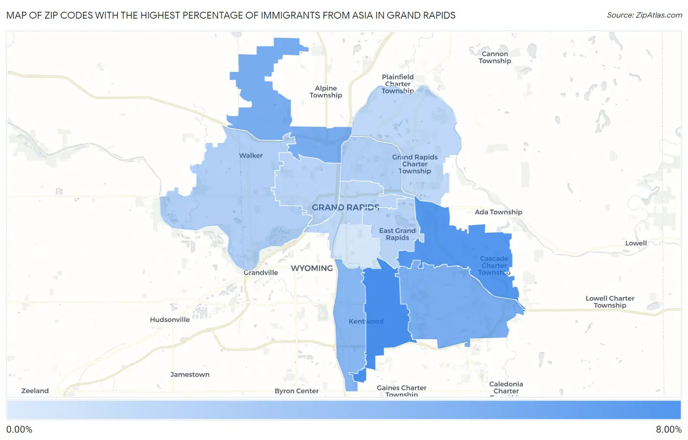 Zip Codes with the Highest Percentage of Immigrants from Asia in Grand Rapids Map