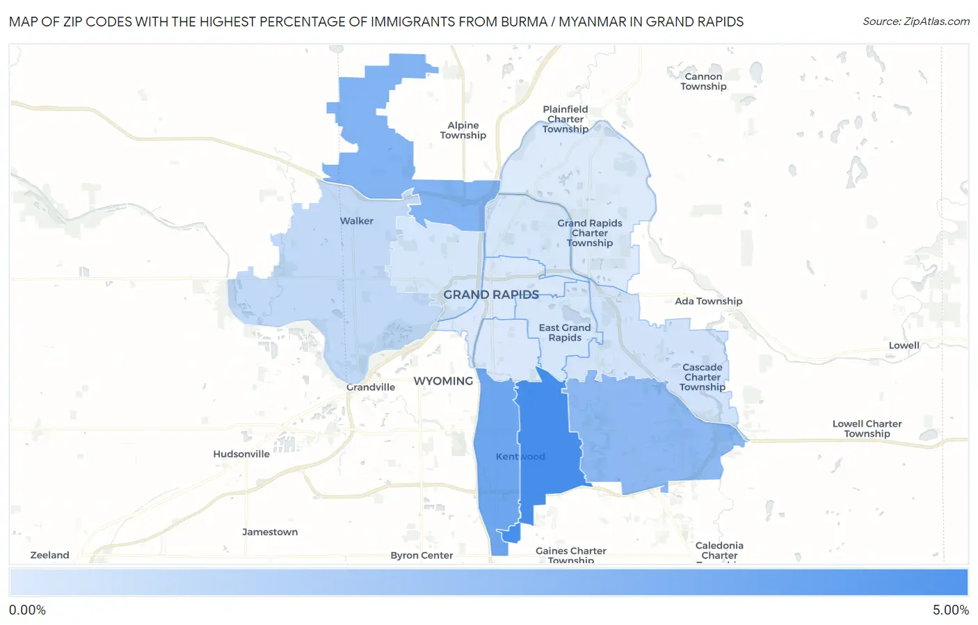 Zip Codes with the Highest Percentage of Immigrants from Burma / Myanmar in Grand Rapids Map
