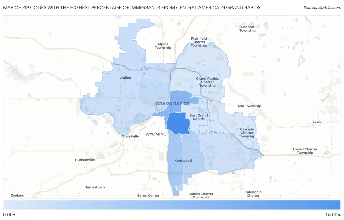 Zip Codes with the Highest Percentage of Immigrants from Central America in Grand Rapids Map