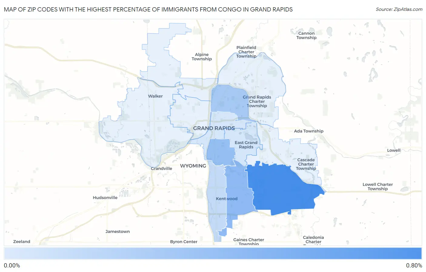 Zip Codes with the Highest Percentage of Immigrants from Congo in Grand Rapids Map