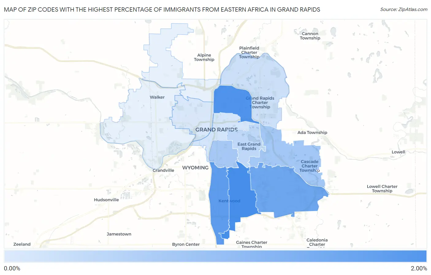 Zip Codes with the Highest Percentage of Immigrants from Eastern Africa in Grand Rapids Map