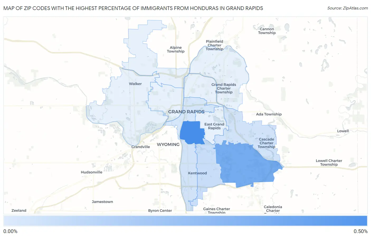 Zip Codes with the Highest Percentage of Immigrants from Honduras in Grand Rapids Map