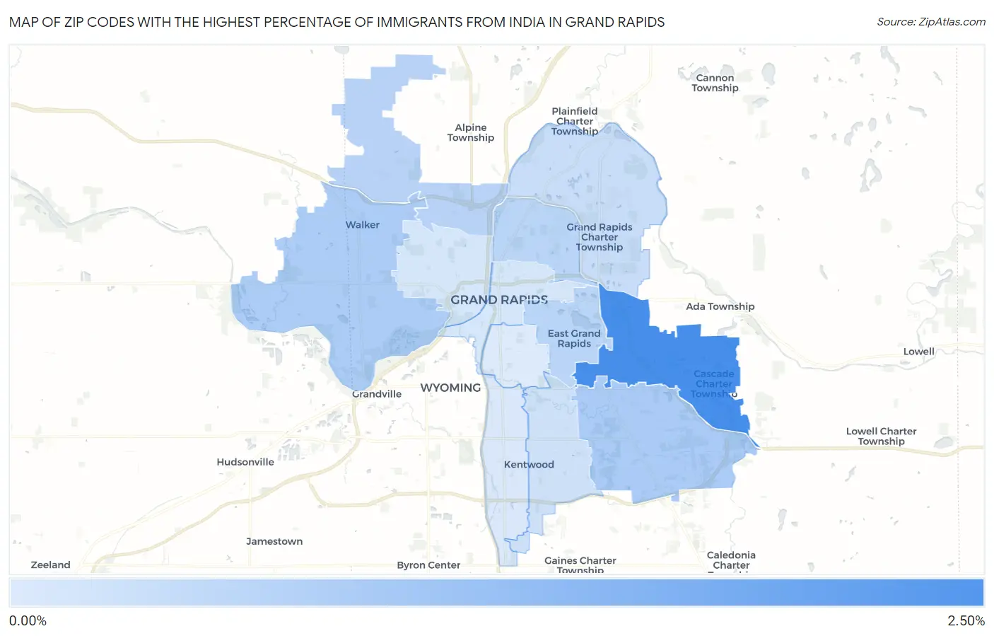 Zip Codes with the Highest Percentage of Immigrants from India in Grand Rapids Map