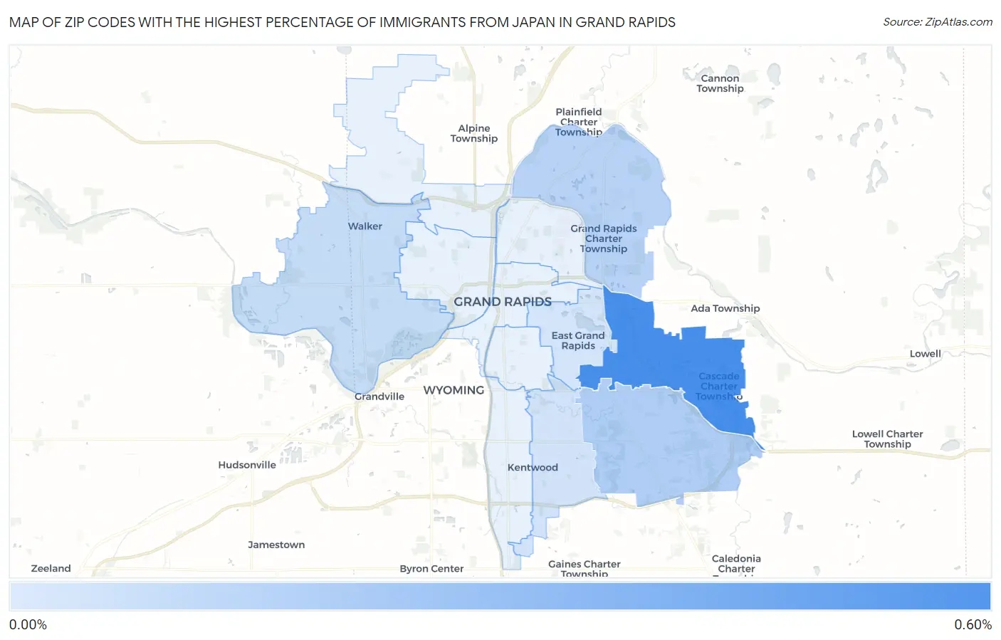 Zip Codes with the Highest Percentage of Immigrants from Japan in Grand Rapids Map