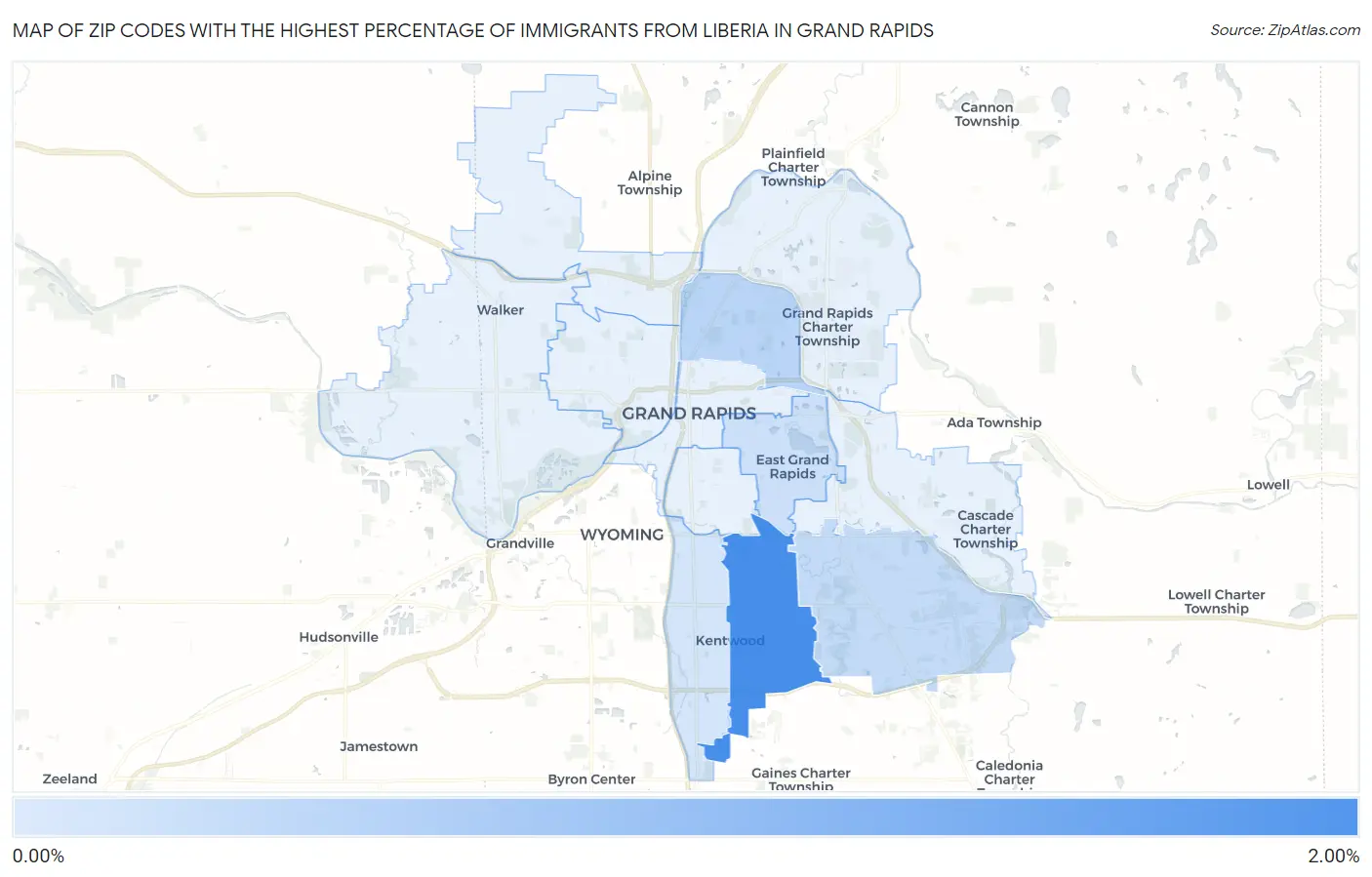 Zip Codes with the Highest Percentage of Immigrants from Liberia in Grand Rapids Map