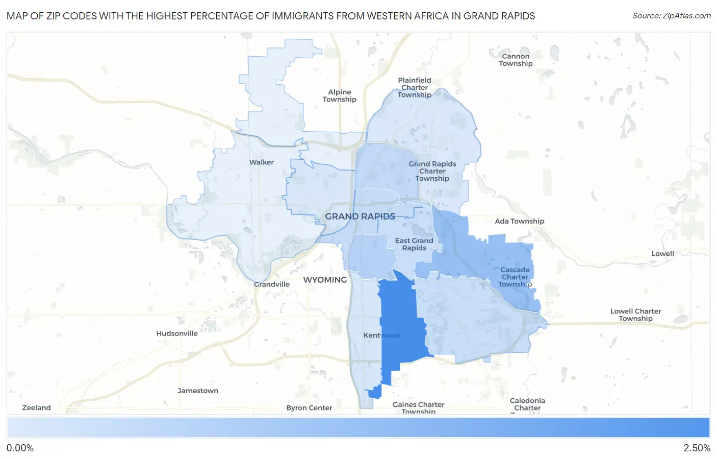 Zip Codes with the Highest Percentage of Immigrants from Western Africa in Grand Rapids Map