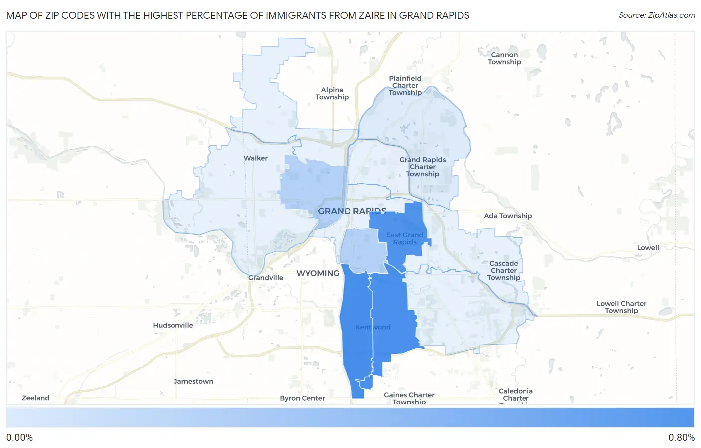 Zip Codes with the Highest Percentage of Immigrants from Zaire in Grand Rapids Map