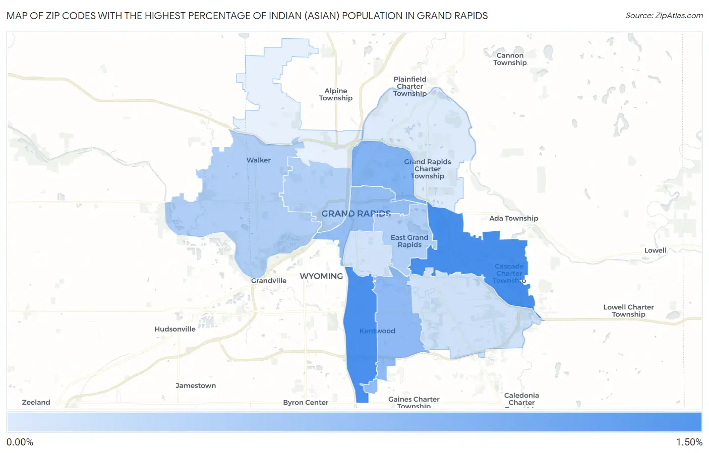 Zip Codes with the Highest Percentage of Indian (Asian) Population in Grand Rapids Map