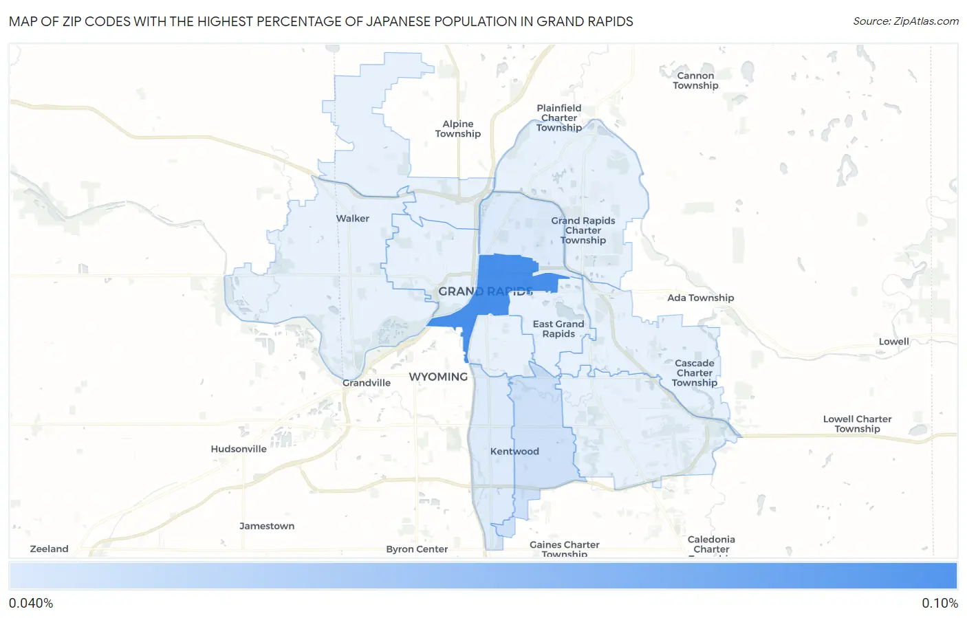Zip Codes with the Highest Percentage of Japanese Population in Grand Rapids Map