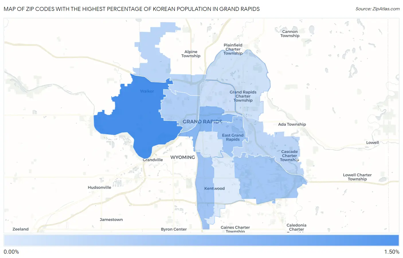 Zip Codes with the Highest Percentage of Korean Population in Grand Rapids Map