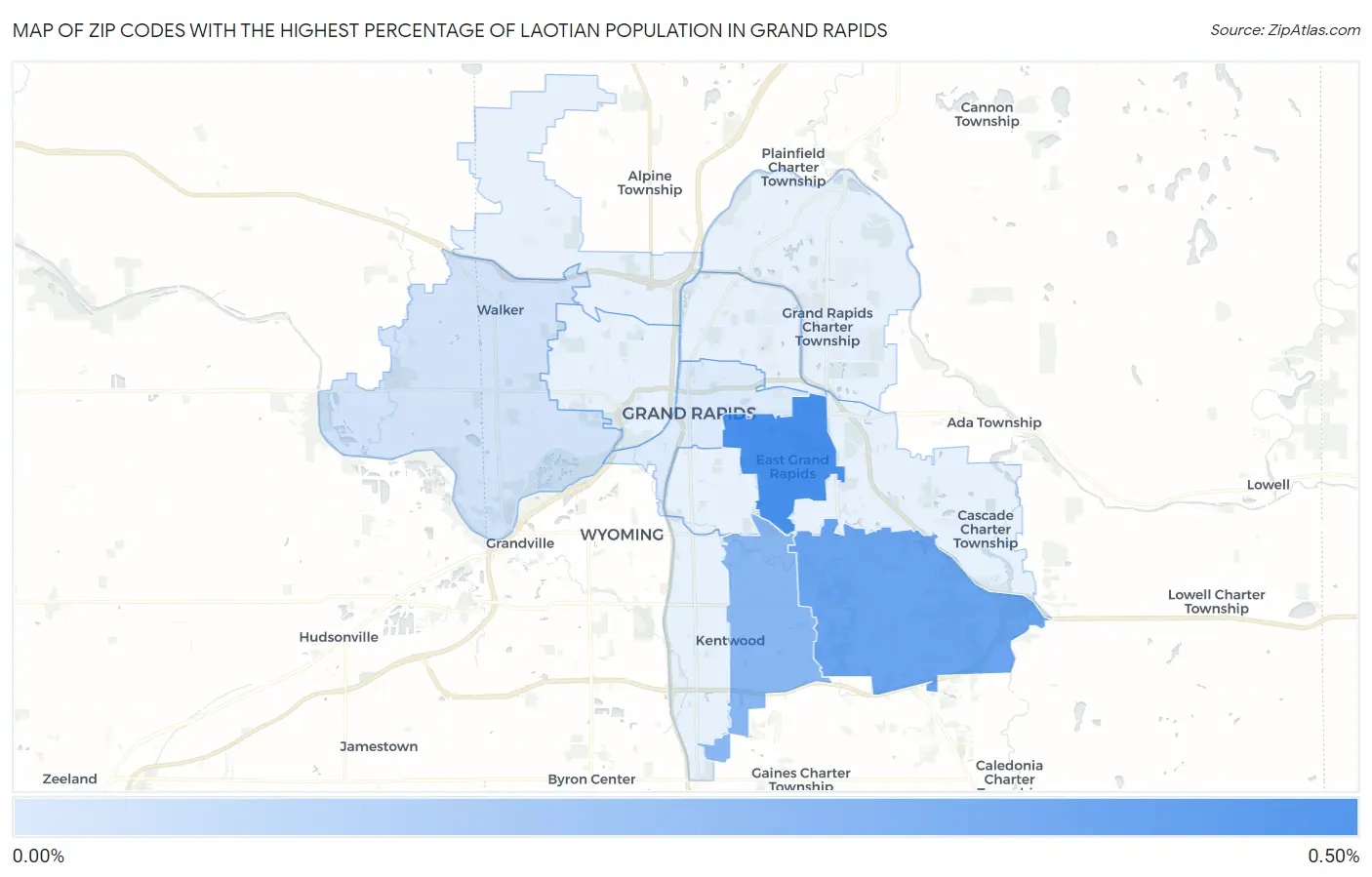 Zip Codes with the Highest Percentage of Laotian Population in Grand Rapids Map