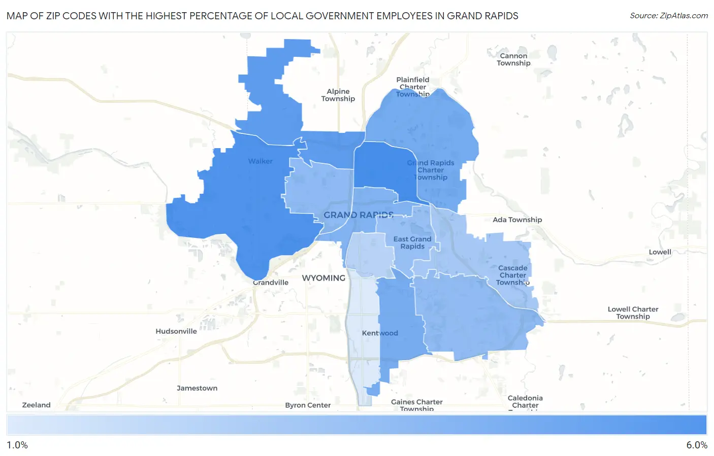 Zip Codes with the Highest Percentage of Local Government Employees in Grand Rapids Map