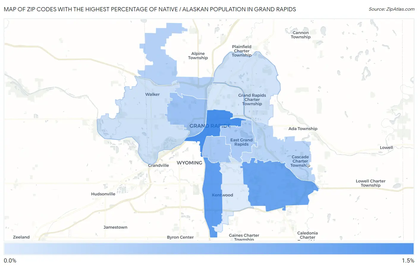 Zip Codes with the Highest Percentage of Native / Alaskan Population in Grand Rapids Map