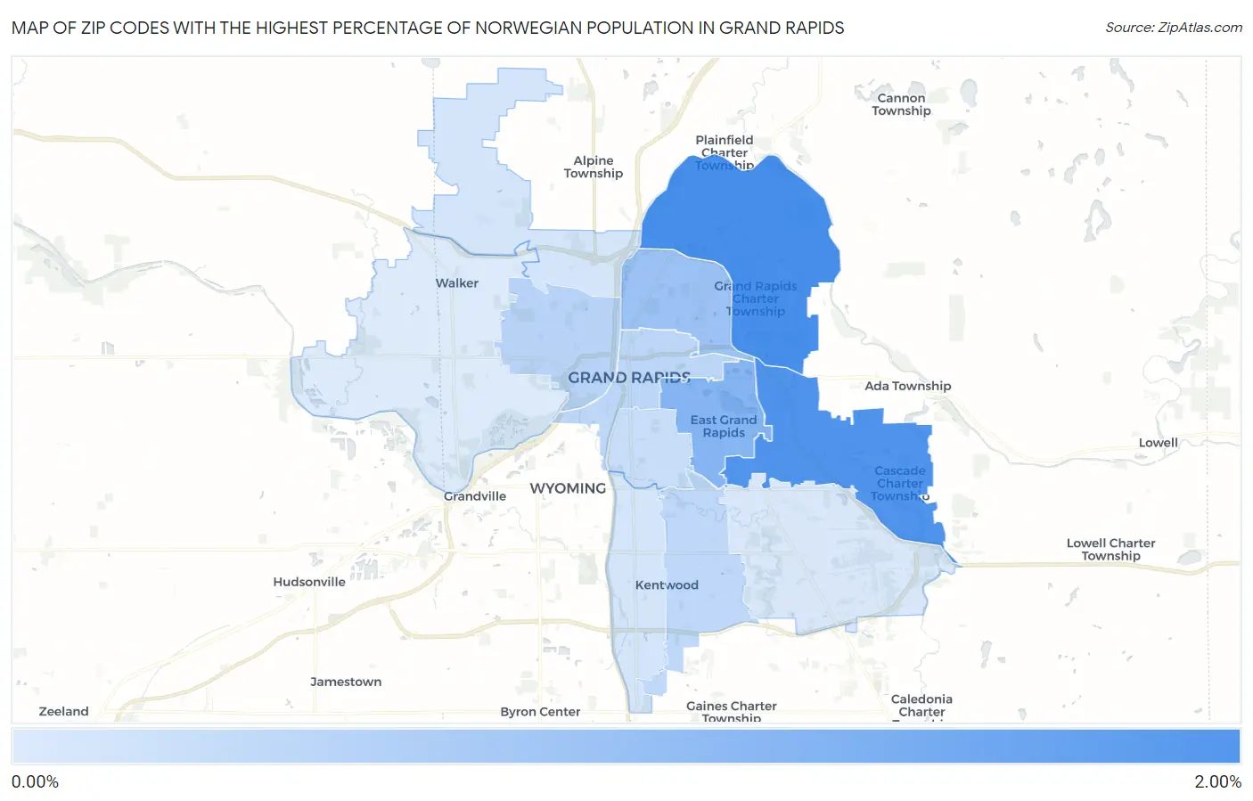 Zip Codes with the Highest Percentage of Norwegian Population in Grand Rapids Map