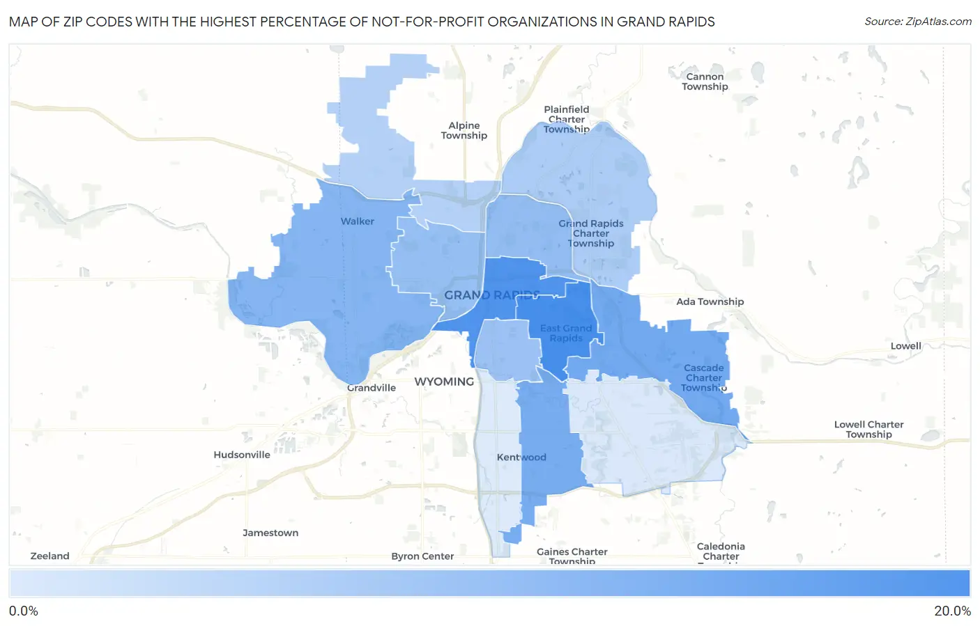 Zip Codes with the Highest Percentage of Not-for-profit Organizations in Grand Rapids Map