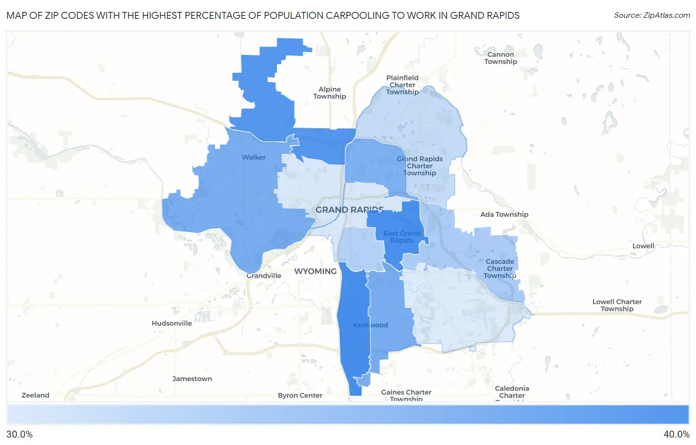 Zip Codes with the Highest Percentage of Population Carpooling to Work in Grand Rapids Map