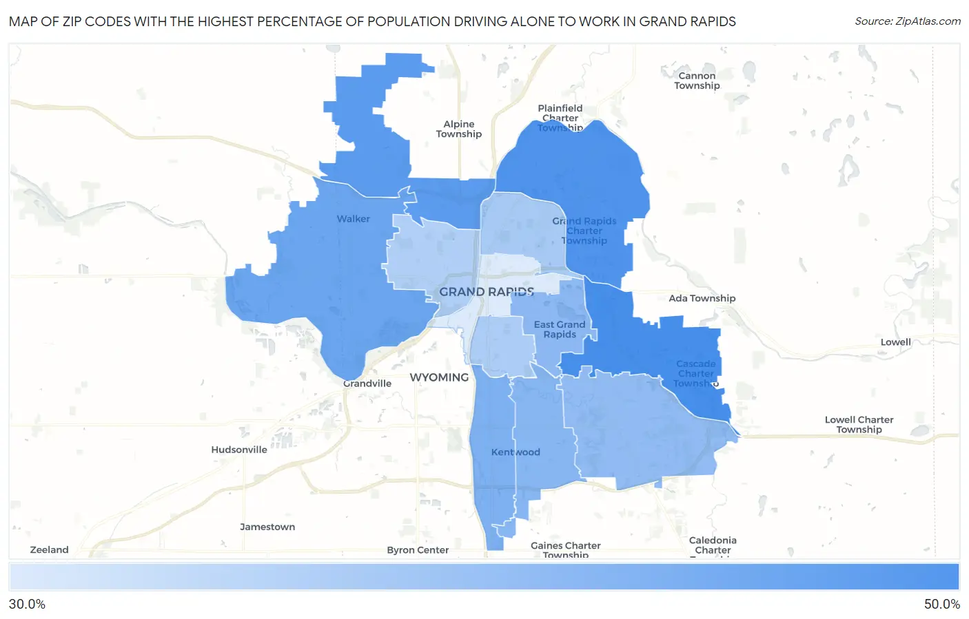 Zip Codes with the Highest Percentage of Population Driving Alone to Work in Grand Rapids Map