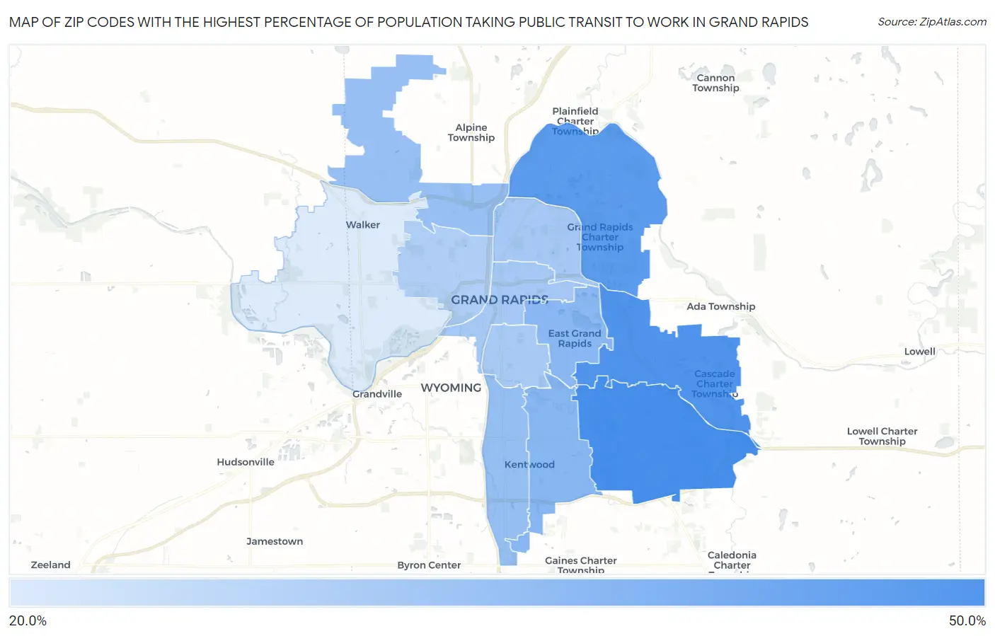Zip Codes with the Highest Percentage of Population Taking Public Transit to Work in Grand Rapids Map
