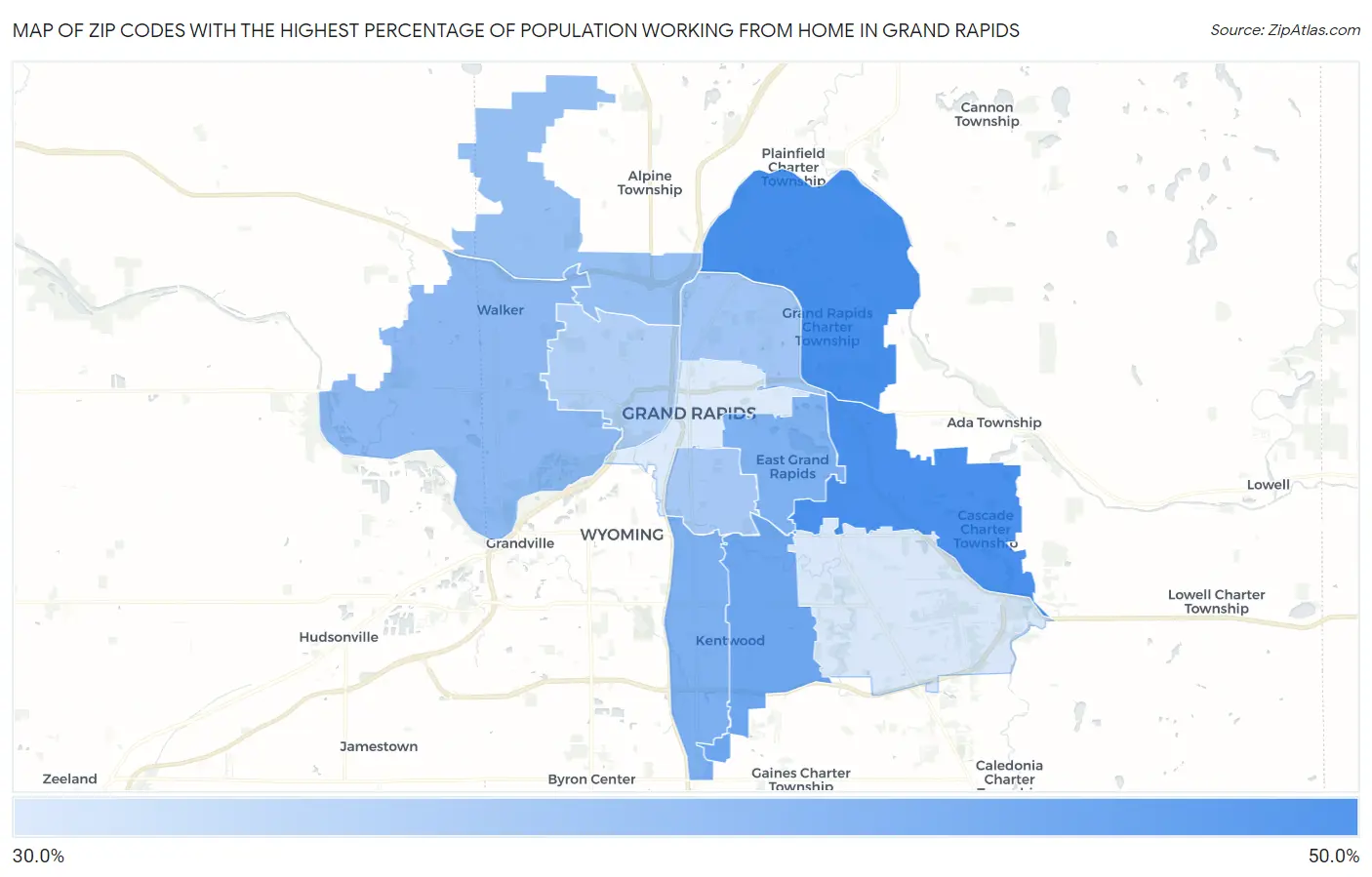 Zip Codes with the Highest Percentage of Population Working from Home in Grand Rapids Map