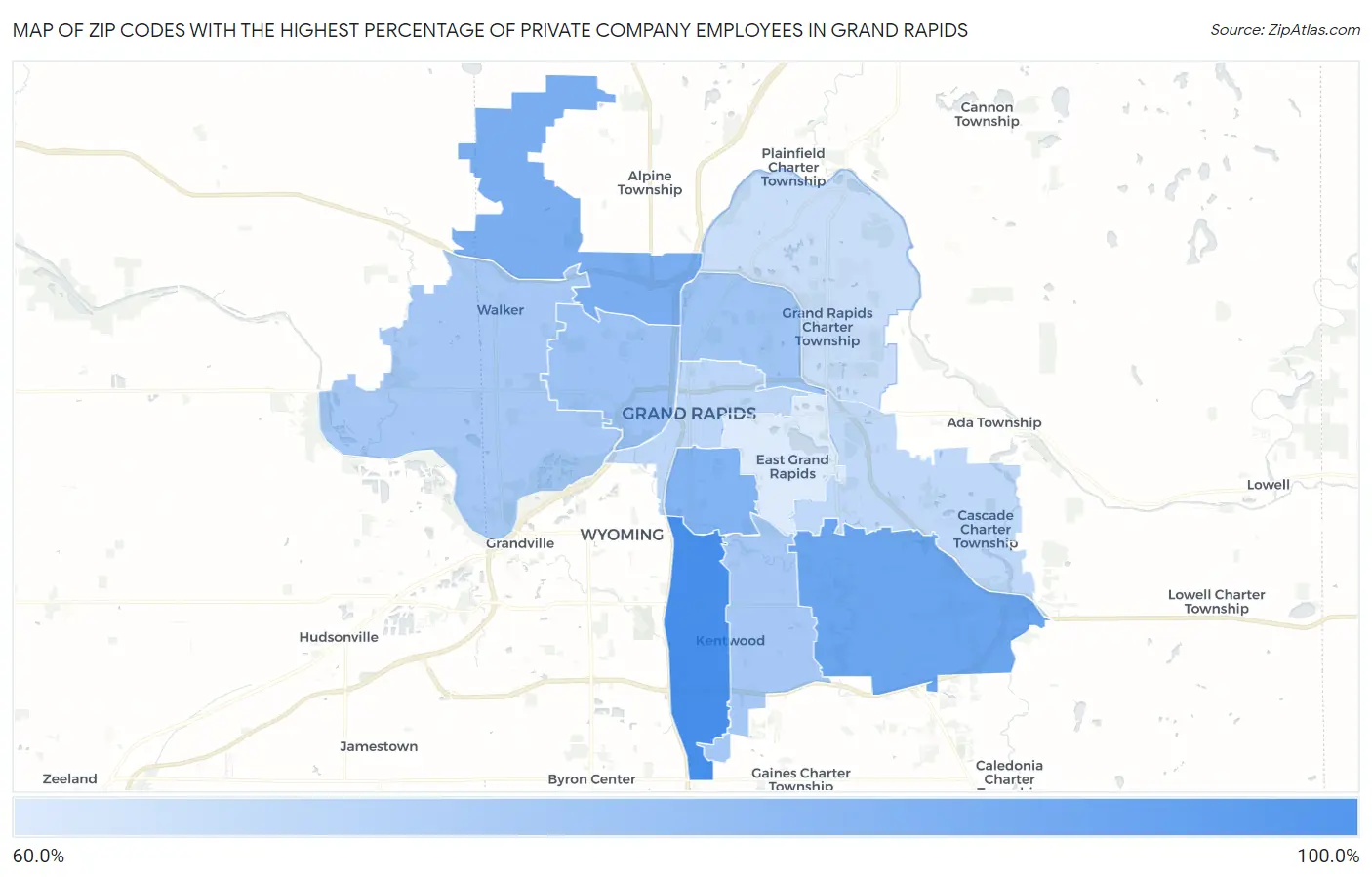 Zip Codes with the Highest Percentage of Private Company Employees in Grand Rapids Map