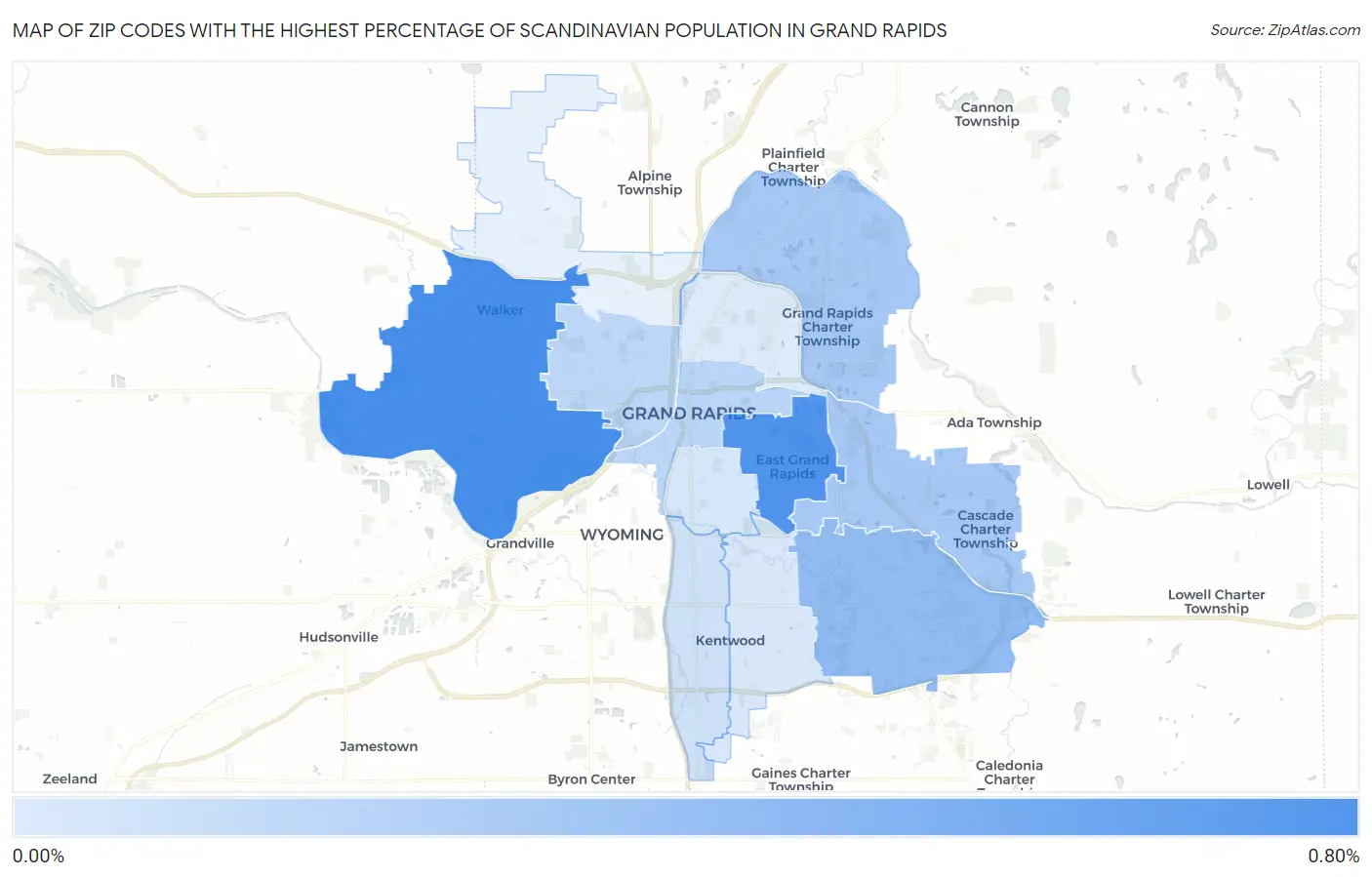 Zip Codes with the Highest Percentage of Scandinavian Population in Grand Rapids Map