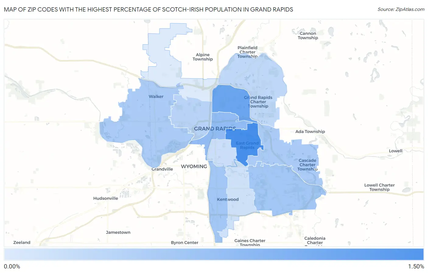 Zip Codes with the Highest Percentage of Scotch-Irish Population in Grand Rapids Map
