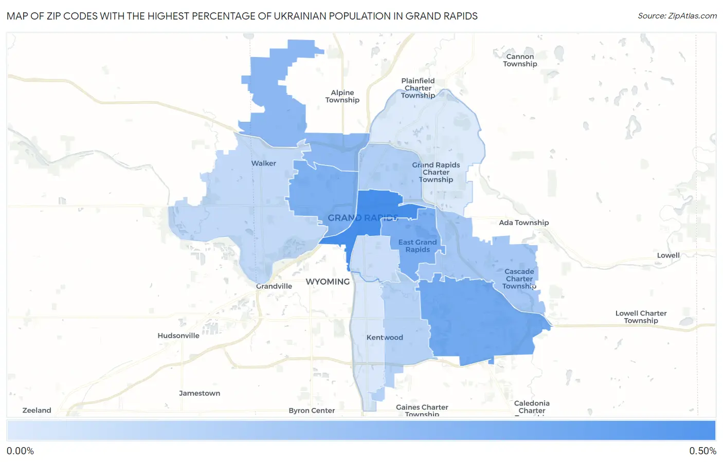 Zip Codes with the Highest Percentage of Ukrainian Population in Grand Rapids Map