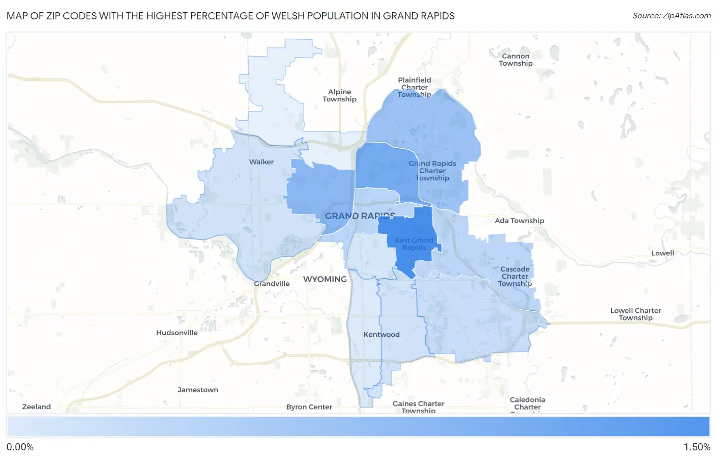 Zip Codes with the Highest Percentage of Welsh Population in Grand Rapids Map