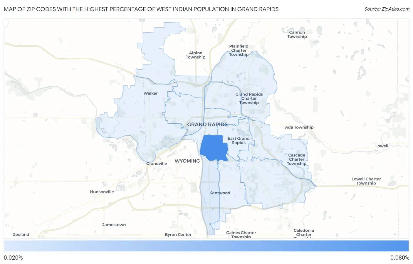 Zip Codes with the Highest Percentage of West Indian Population in Grand Rapids Map