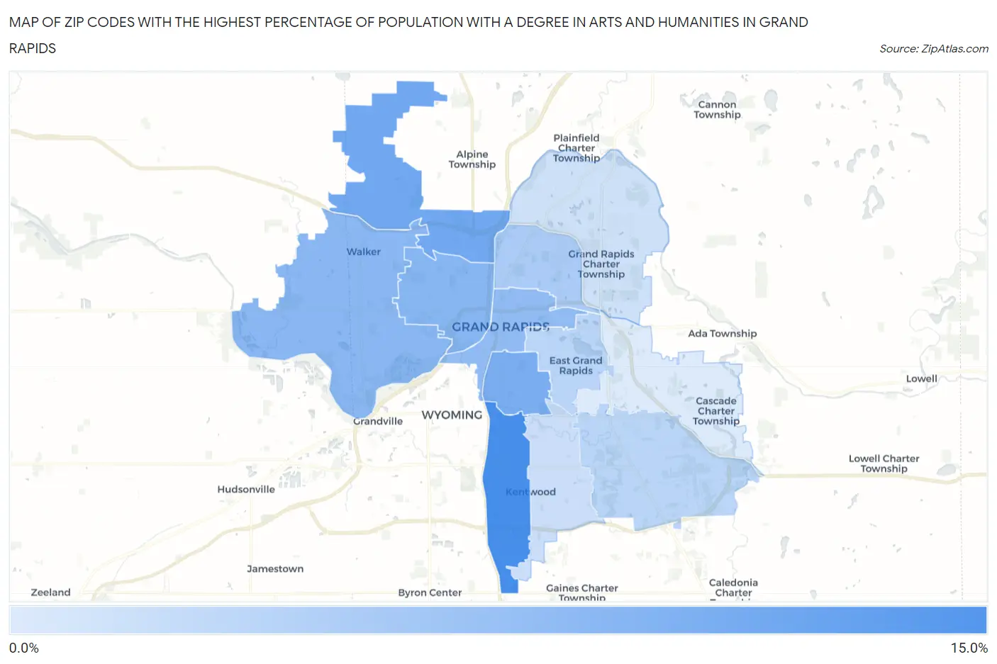Zip Codes with the Highest Percentage of Population with a Degree in Arts and Humanities in Grand Rapids Map