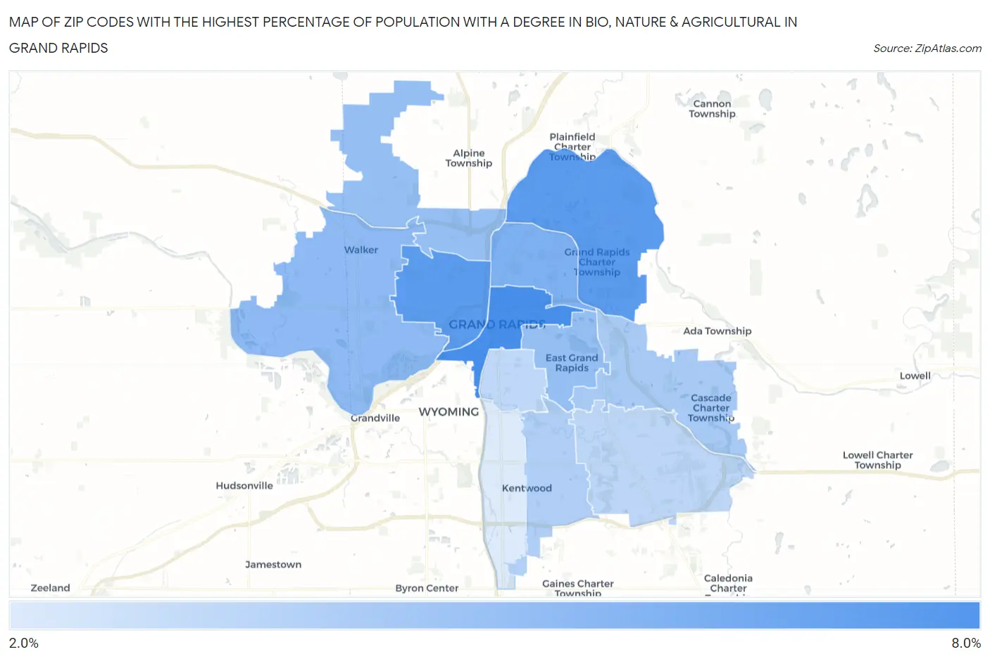 Zip Codes with the Highest Percentage of Population with a Degree in Bio, Nature & Agricultural in Grand Rapids Map