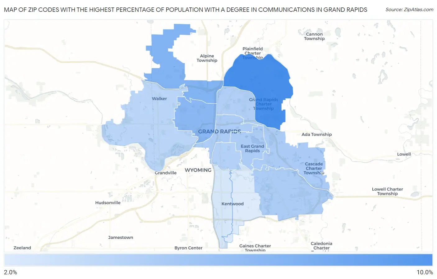 Zip Codes with the Highest Percentage of Population with a Degree in Communications in Grand Rapids Map