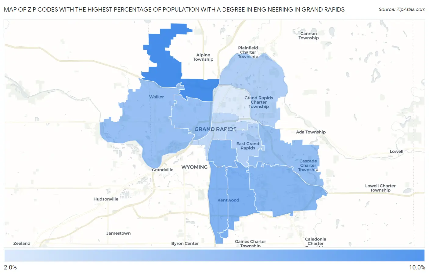 Zip Codes with the Highest Percentage of Population with a Degree in Engineering in Grand Rapids Map