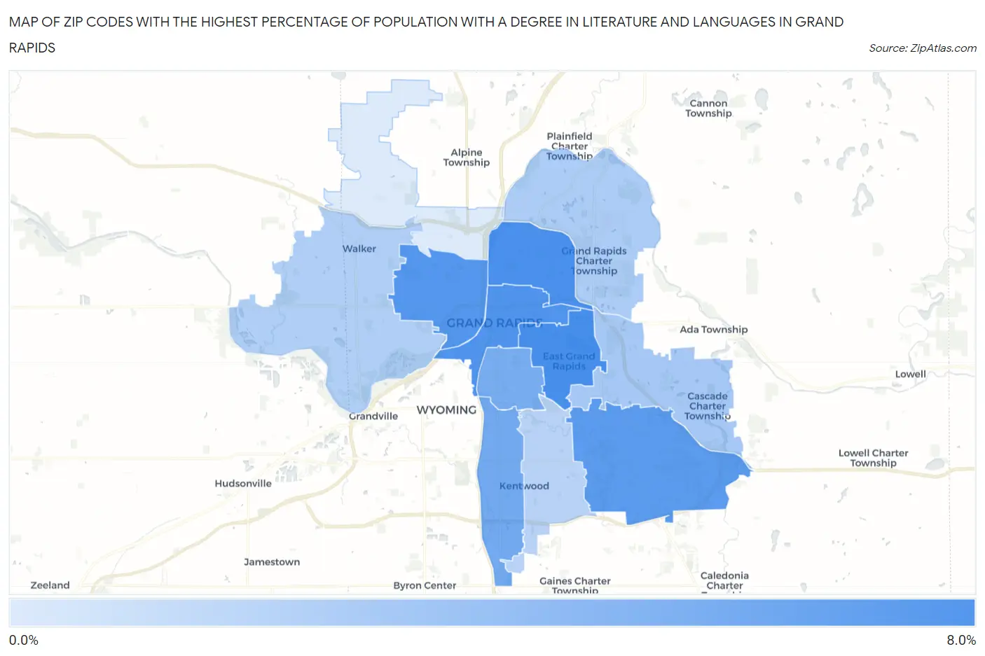 Zip Codes with the Highest Percentage of Population with a Degree in Literature and Languages in Grand Rapids Map