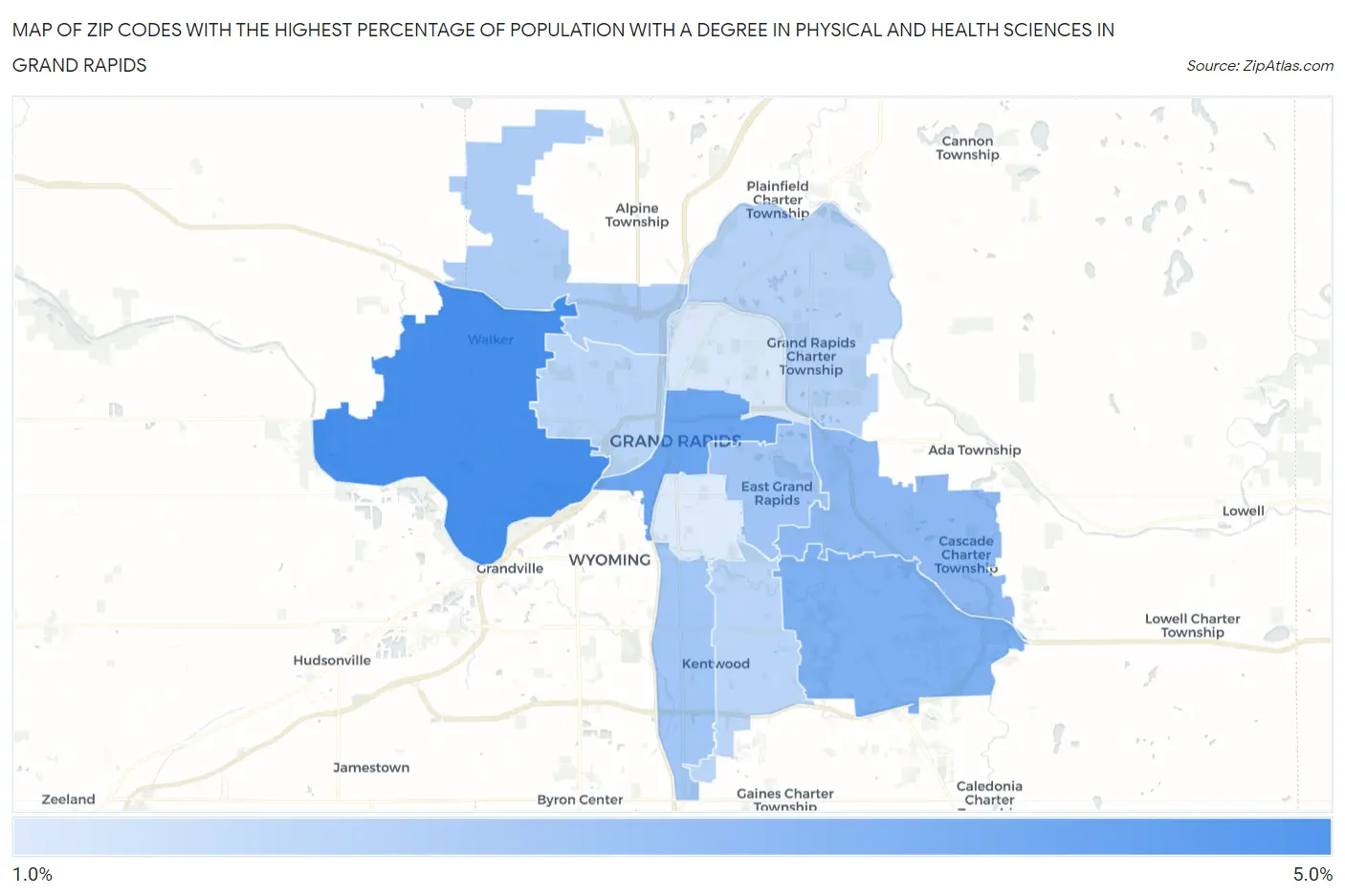 Zip Codes with the Highest Percentage of Population with a Degree in Physical and Health Sciences in Grand Rapids Map