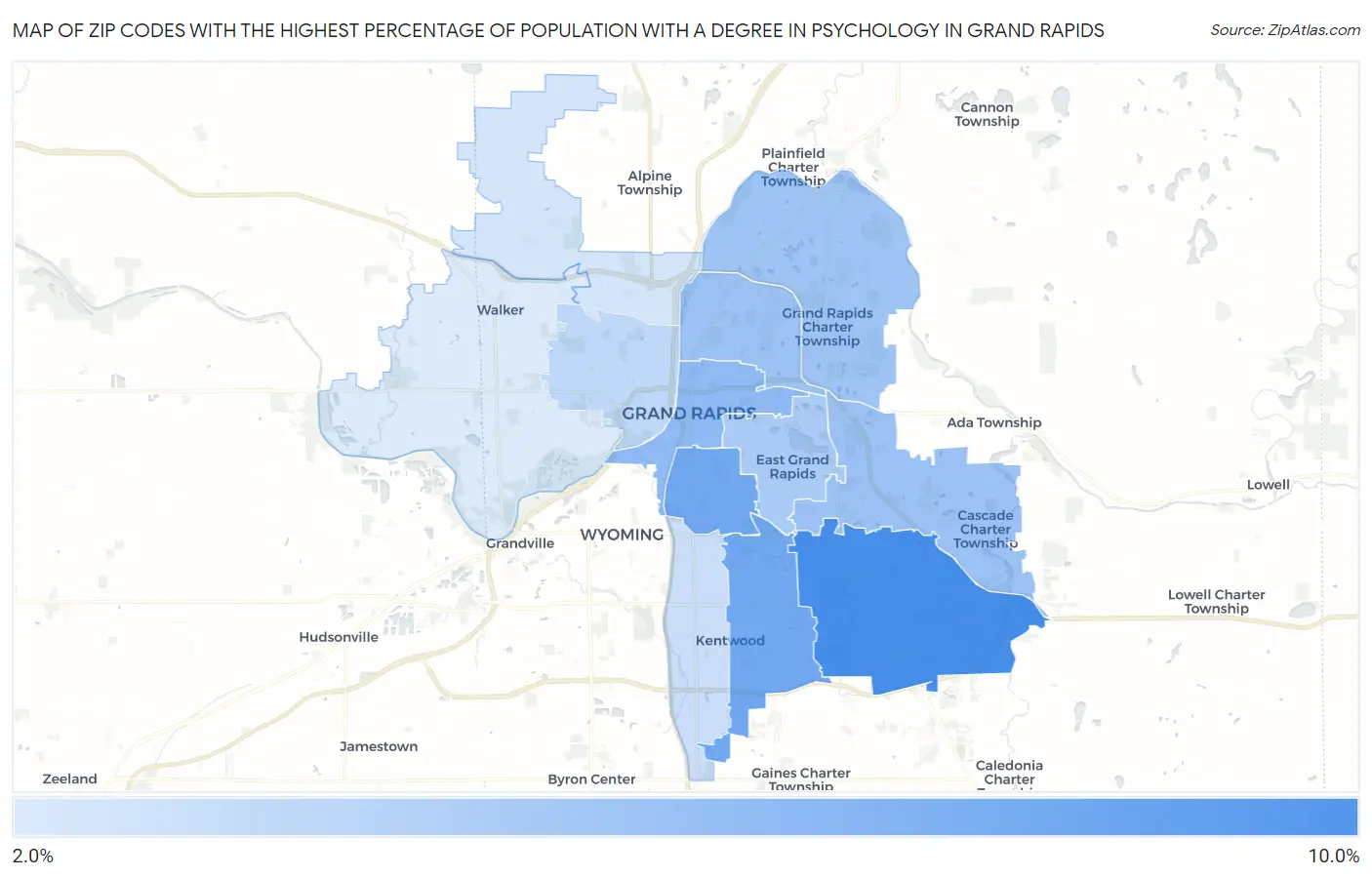 Zip Codes with the Highest Percentage of Population with a Degree in Psychology in Grand Rapids Map