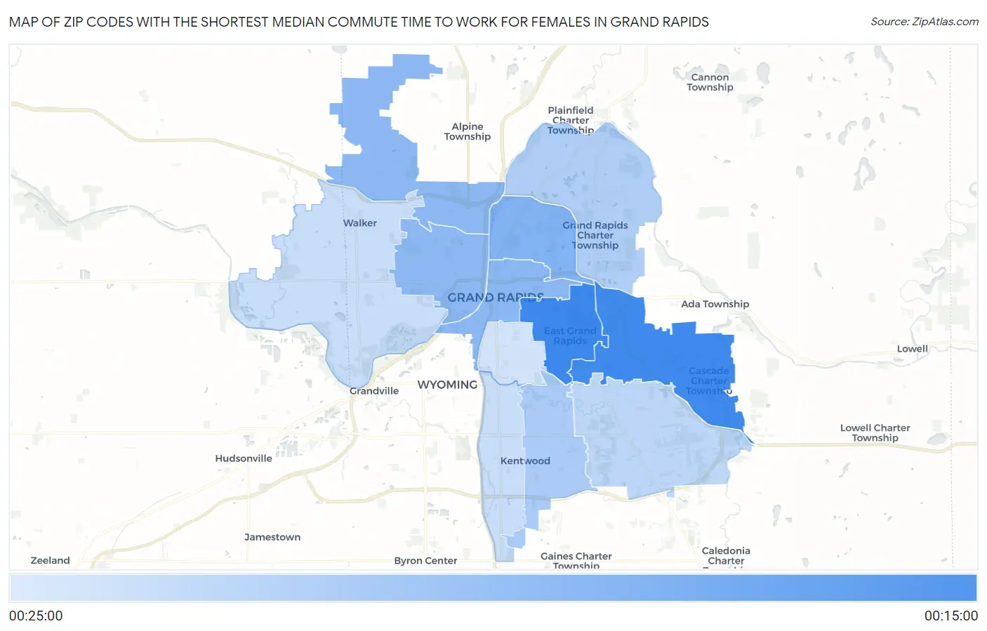 Zip Codes with the Shortest Median Commute Time to Work for Females in Grand Rapids Map