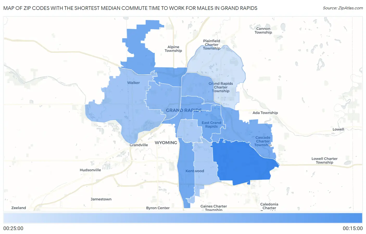 Zip Codes with the Shortest Median Commute Time to Work for Males in Grand Rapids Map
