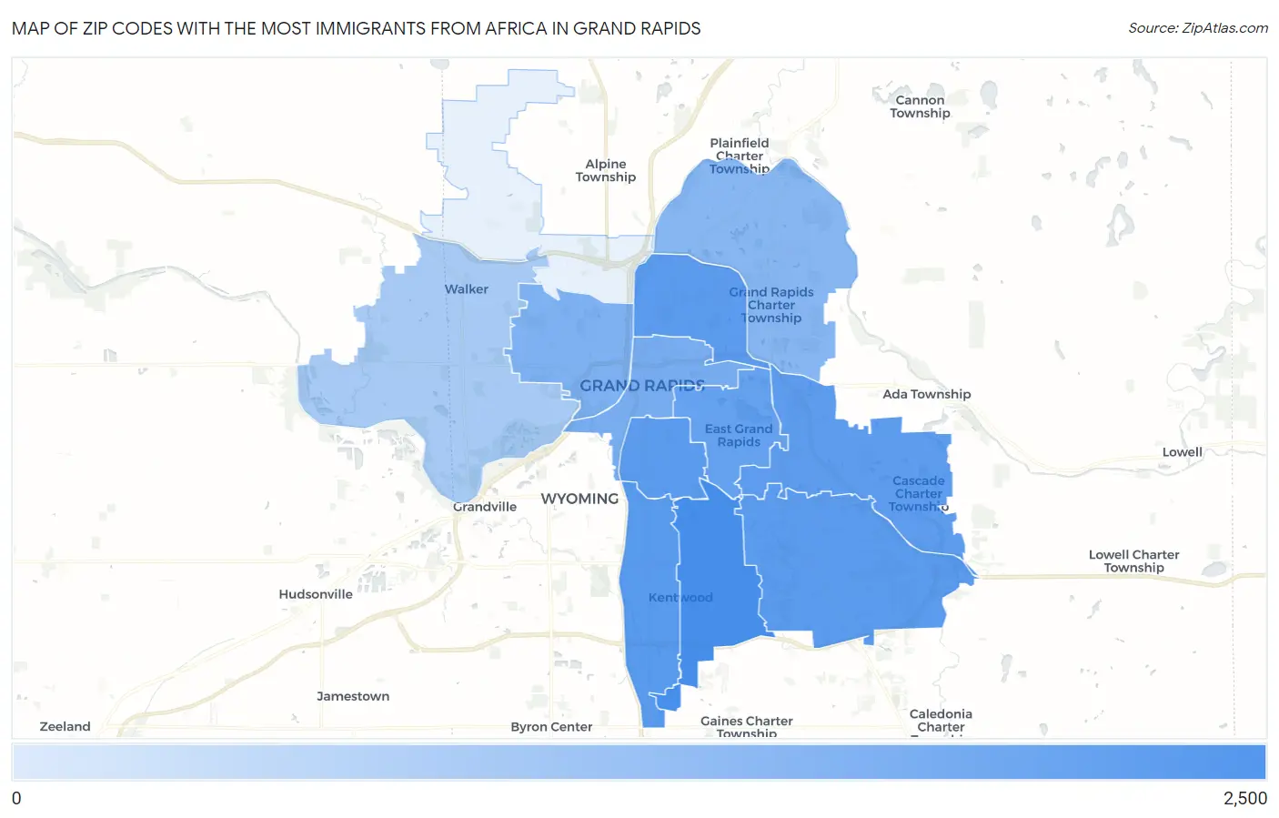 Zip Codes with the Most Immigrants from Africa in Grand Rapids Map