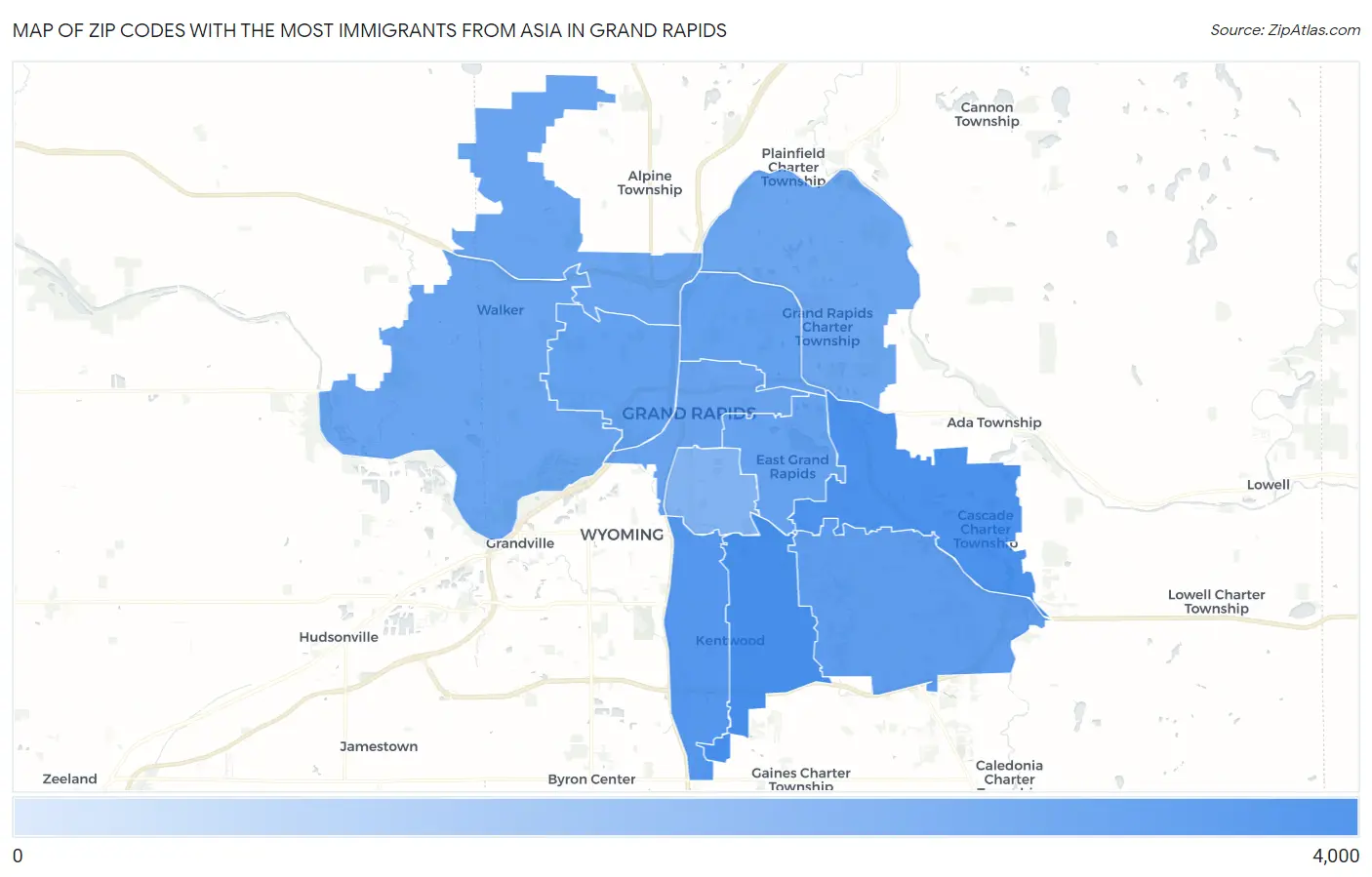Zip Codes with the Most Immigrants from Asia in Grand Rapids Map