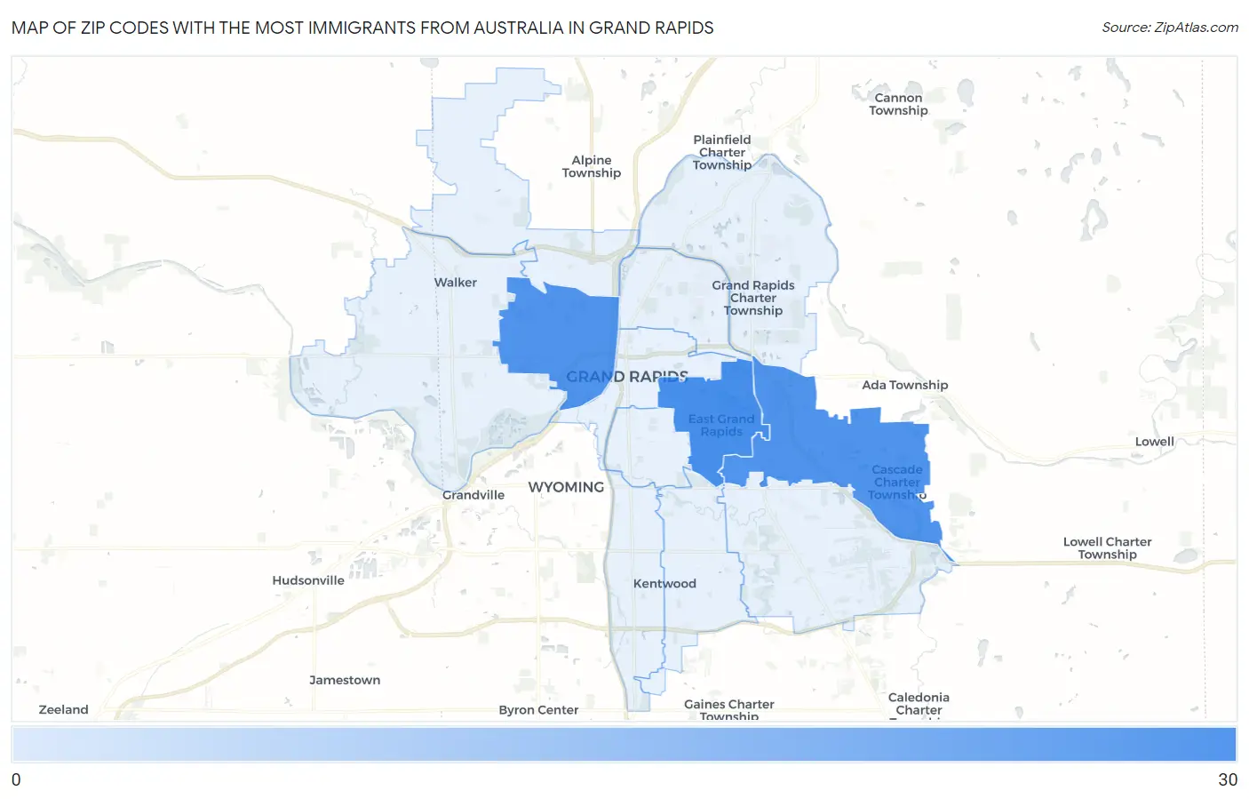 Zip Codes with the Most Immigrants from Australia in Grand Rapids Map
