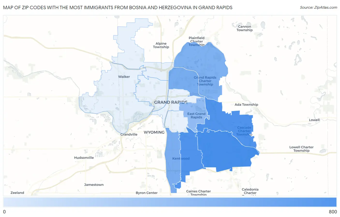 Zip Codes with the Most Immigrants from Bosnia and Herzegovina in Grand Rapids Map
