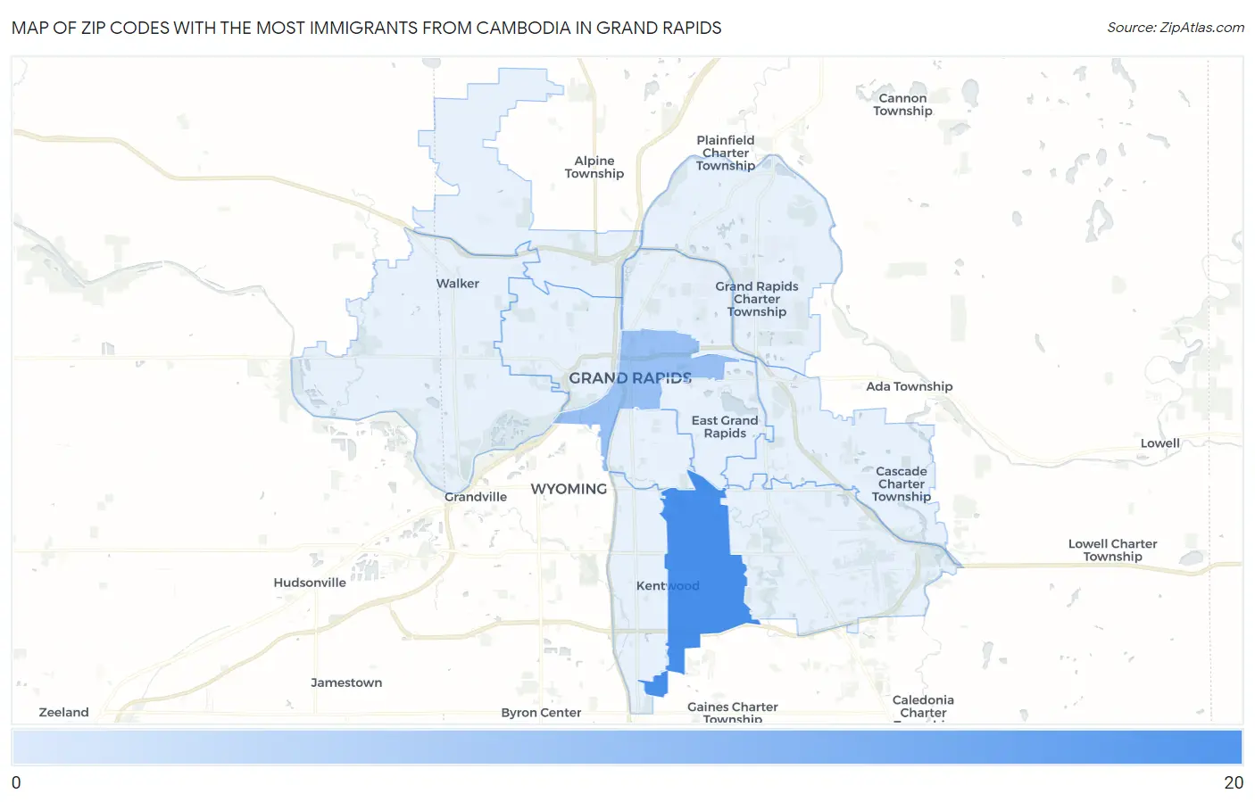 Zip Codes with the Most Immigrants from Cambodia in Grand Rapids Map